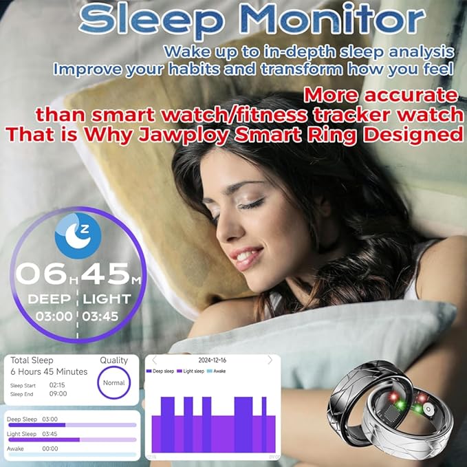 Smart Ring Fitness Tracker Sleep Tracking Heart Rate Monitor Pedometer, Waterproof Activity Tracker Fitness Ring Steps Counter, Gesture Controls for Short Video, 8 Days Last, Silver, #12
