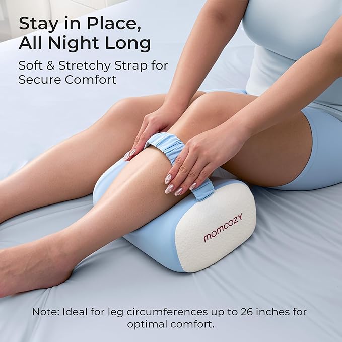Momcozy Knee Pillow for Side Sleepers with Cooling Cover, Soft Memory Foam Spine Alignment Pregnancy Leg Pillow for Hips, Back, Sciatica Pain, Fixed Strap for Moving, Wider Contact Even Pressure, Blue