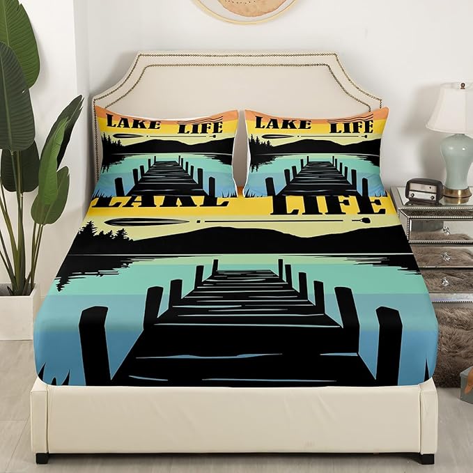 Lake Life Kids Fitted Sheet Queen Size,Adventure Camping Lake House Fishing Bedding Set,Boys Girls Room Decor,Rustic Cabin Outdoor Nature Bed Cover,Blue Black Bed Sheet,2 Pillowcases(No Top Sheet)