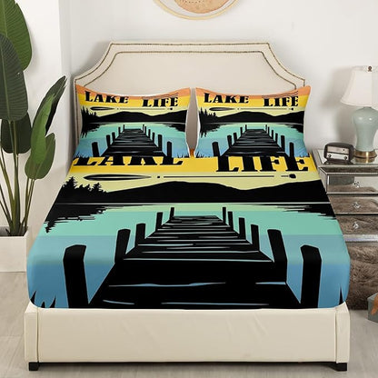 Lake Life Kids Fitted Sheet Queen Size,Adventure Camping Lake House Fishing Bedding Set,Boys Girls Room Decor,Rustic Cabin Outdoor Nature Bed Cover,Blue Black Bed Sheet,2 Pillowcases(No Top Sheet)