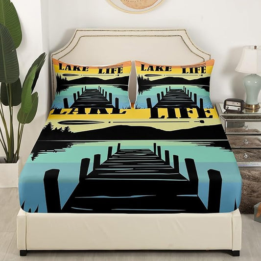 Lake Life Kids Fitted Sheet Queen Size,Adventure Camping Lake House Fishing Bedding Set,Boys Girls Room Decor,Rustic Cabin Outdoor Nature Bed Cover,Blue Black Bed Sheet,2 Pillowcases(No Top Sheet)