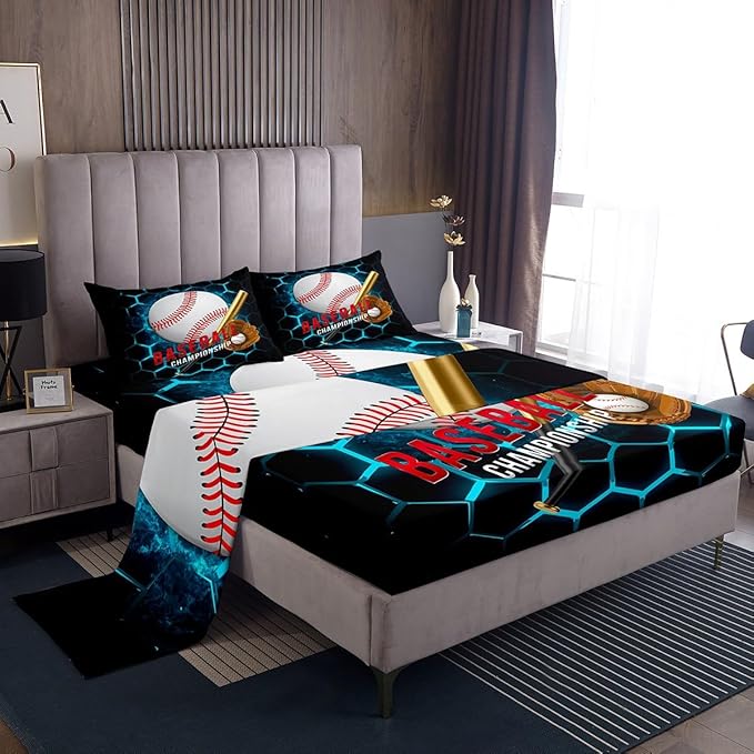 Manfei Baseball Sheet Set Queen Size, Sports Themed Bedding Set for Kids Boys Adults Room Decor, Blue Honeycomb Geometric Bed Sheet Set 4pcs with Deep Pocket Fitted Sheet + Flat Sheet + 2 Pillowcases