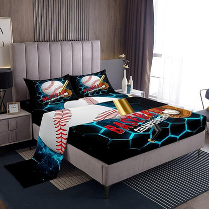 Manfei Baseball Sheet Set Queen Size, Sports Themed Bedding Set for Kids Boys Adults Room Decor, Blue Honeycomb Geometric Bed Sheet Set 4pcs with Deep Pocket Fitted Sheet + Flat Sheet + 2 Pillowcases