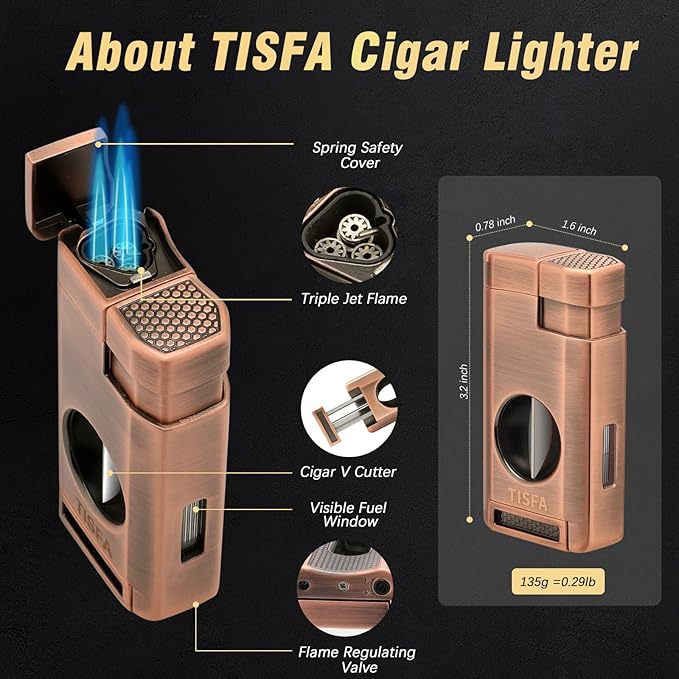 TISFA Cigar Humidor, Leather Cedar Wood Cigar Case with Cigar Lighter, V Cut Cigar Cutter, Cigar Holder 3 in 1, Portable Travel Cigar Humidor Box with Humidifier (Brown)