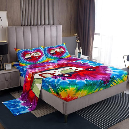 Manfei Camping Trailer Fitted Sheet King Size with 2 Pillowcases,Watercolor Love Heart Boho Tie Dye Paint Bed Sheet Set,Nature Tourism Theme Colorful Top Flat Sheet Luxury Microfiber Breathable