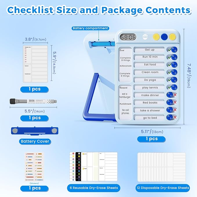 Magnetic Chore Chart for Kids with Timer, Visual Schedule for Kids, ADHD Tools to Do List, Checklist with 99-Min Countup/Countdown Chore Board with Sliders & Dry-Erase Sheets (Blue)