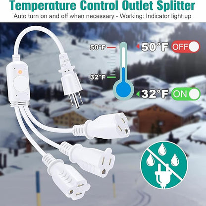Feekoon 3 Plug 120V Heat Cable Controller, Outdoor Thermostat Controlled Extension Cord, Turns on Below 32°F, Off Above 50°F for Coop Heaters Deicers Water Pipe Heating Tapes, Energy Saving