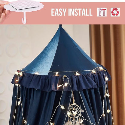 Kertnic Decor Canopy for Kids Bed, Soft Smooth Playing Tent Canopy Girls Room Decoration Princess Castle, Dreamy Mosquito Net Bedding, Children Reading Nook Canopies in Home (Night Sky-Ruffle)