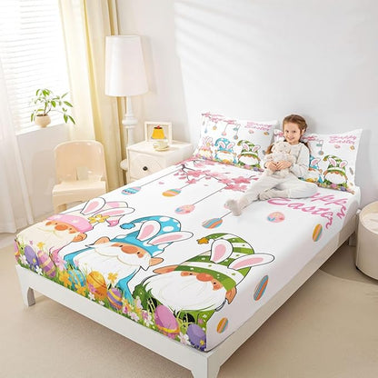 Lovely Gnome Fitted Sheet Twin Size Eggs Flowers Happy Easter Bedding Set for Kids Bedroom Floral Spring Cartoon Bed Sheet Set 2pcs White Colorful Deep Pocket Mattress Cover,No Top Flat