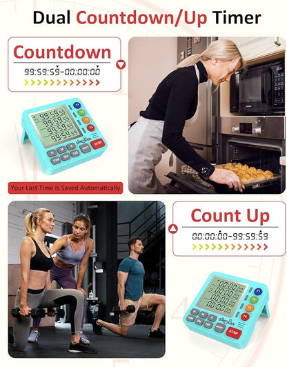 Digital Kitchen Timer for Cooking - 4 Channel Count Up Countdown Timer with Loud Alarm and Silent Mode, Large Display, Magnetic Back, Auto Memory for Classroom Study Gym, Battery Included (Mint Green)