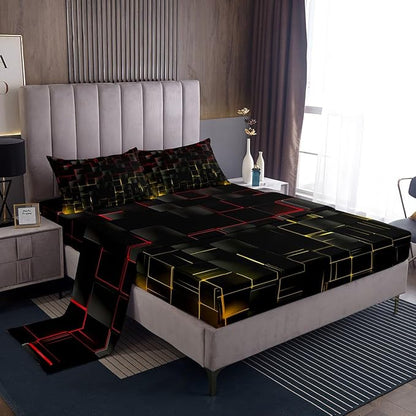 Manfei Red and Yellow Sheet Set Full Size, Abstract Geometric Grid Bedding Set for Kids Boys Adults, Black Square Lattice Bed Sheet Set 4pcs with Deep Pocket Fitted Sheet + Flat Sheet + 2 Pillowcases