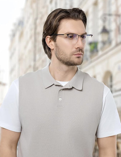 Blue Light Blocking Glasses Men Computer Gaming Glasses Rectangle Metal Semi-rimless Black/Golden Frame Anti Glare/UV400 Clear Lens