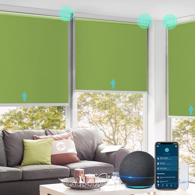 Allesin Motorized Roller Shade Work with Alexa for Window, 100% Blackout Smart Shades Cordless with Remote Control, Electric Automated Blinds for Window, Customized Size for Smart Home (Grass Green)