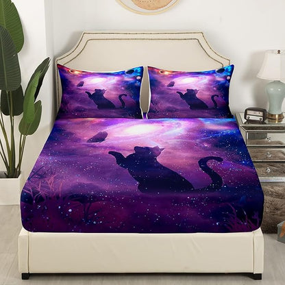 Cat Butterfly Sheet Set Queen Starry Sky Galaxy Universe Bedding for Kids Teens Room Decor,Animal Purple Background Soft Bed Sheet Set 4pcs with Deep Pocket Fitted Sheet + Flat Sheet + 2 Pillowcases