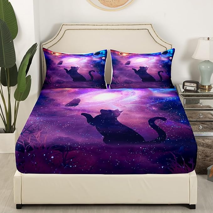 Cat Butterfly Sheet Set Full Starry Sky Galaxy Universe Bedding for Kids Teens Room Decor,Animal Purple Background Soft Bed Sheet Set 4pcs with Deep Pocket Fitted Sheet + Flat Sheet + 2 Pillowcases