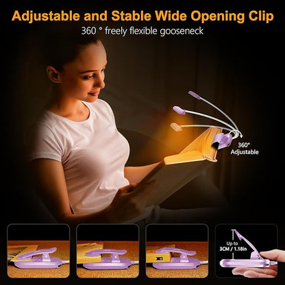 Gritin Rechargeable Book Light for Reading in Bed with 19 LED &Memory Function-Eye Caring 3 Color Temperatures,5 Brightness Levels,90 Hrs Runtime Flexible Goose Neck Clip on Light-Purple