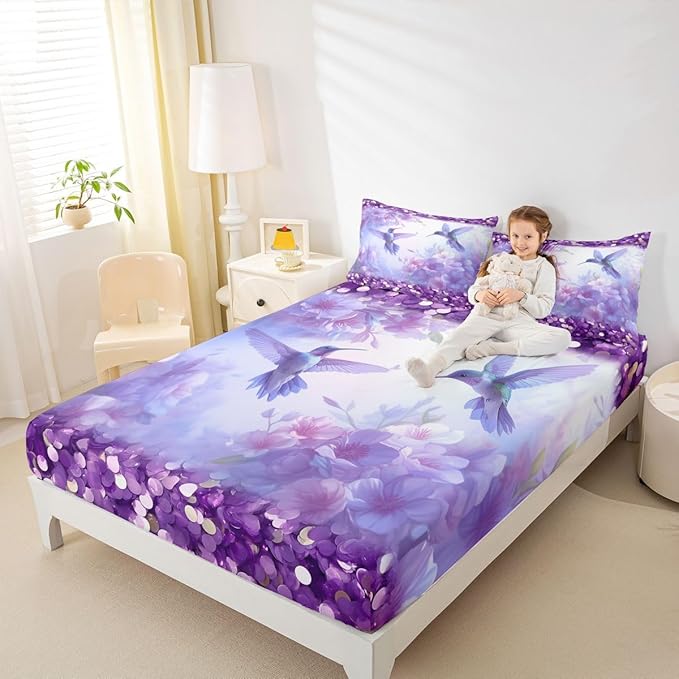 Hummingbird Kids Full Size Fitted Sheet,Floral Lilac Flower Animal Boys Girls Bed Sheets,Spring Romantic Dreamy Room Decor,Purple Bedding Set,2 Pillowcases(No Flat)