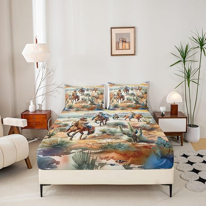 Manfei Western Cowboy Bed Sheets King Size,West Horse Desert Cactus Bedding Set, Vintage Tribal Retro Kids Room Decor,Yellow Green Sheet(Fitted+Flat+2 Pillowcases)