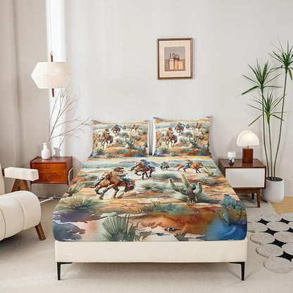 Manfei Western Cowboy Bed Sheets King Size,West Horse Desert Cactus Bedding Set, Vintage Tribal Retro Kids Room Decor,Yellow Green Sheet(Fitted+Flat+2 Pillowcases)