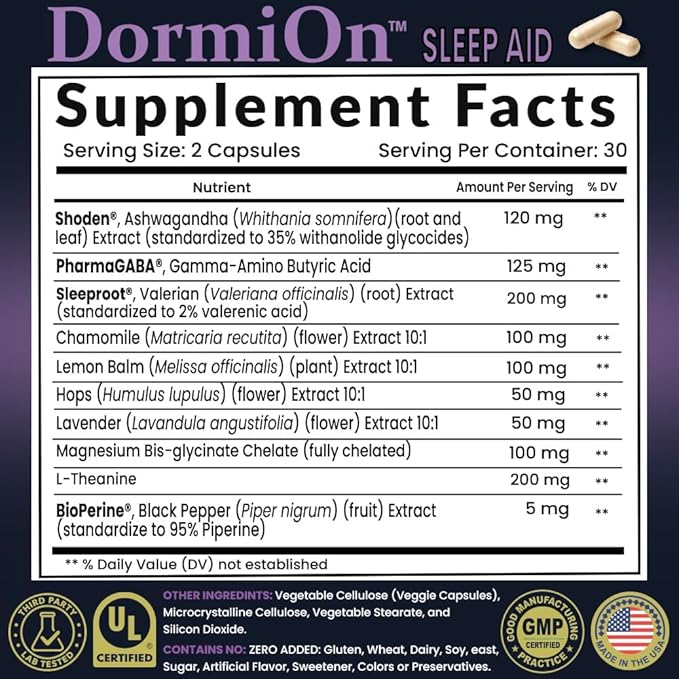 DormiOn™ Sleep + Restore Melatonin-Free Sleep Aid with Clinically-Proven Shoden® Ashwagandha, PharmaGABA®, Sleeproot® Valerian Root, L-Theanine, Mg., BioPerine® and 4 other Herbs. No grogginess.