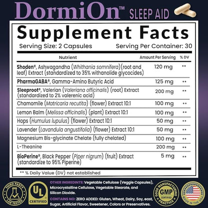 DormiOn™ Sleep + Restore Melatonin-Free Sleep Aid with Clinically-Proven Shoden® Ashwagandha, PharmaGABA®, Sleeproot® Valerian Root, L-Theanine, Mg., BioPerine® and 4 other Herbs. No grogginess.