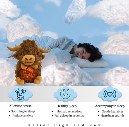 Anxiety Relief Koala Highland Cow, Breathing Teddy Anxiety Bear with Calming Music, Lights, Sleeping Otter Plush, Soothing Highland Cow for Adults & Kids, Stress Relief Stuffed Animal