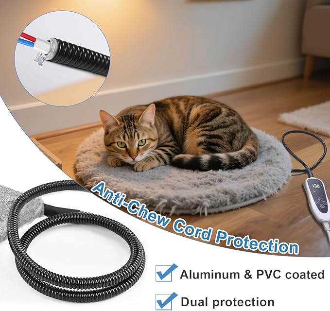 Cat Heating Pad Round-16 in with Smart Thermostat Switch and Power Line Protection Tube,Obtained MET and UL Dual Certification,Waterproof Pet Heating Pad for Cats, with Long Velvet Cloth Cover