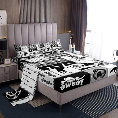 Western Cowboy Kids Sheet Full Size,Cactus Geometric Plaids Patch Bedding Set,Boys Girls Adults Room Decor,Horseshoe Rustic Farmhouse Black Retro Bed Sheet Set 4pcs(Fitted + Flat + 2 Pillowcases)