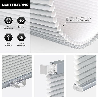 LazBlinds Cordless Cellular Shades, No Tools No Drill Light Filtering Honeycomb Shades Pleated Blinds for Windows, 34'' W x 48'' H, Dark Grey