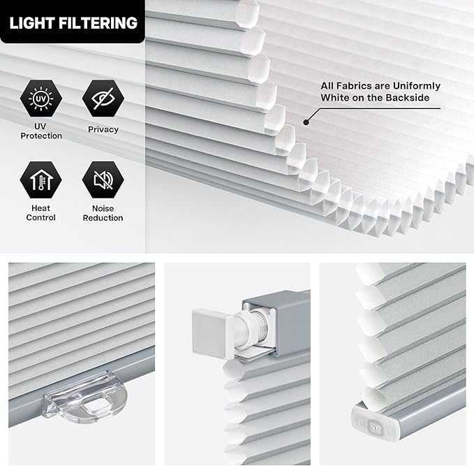 LazBlinds Cordless Cellular Shades, No Tools No Drill Light Filtering Honeycomb Shades Pleated Blinds for Windows, 34'' W x 64'' H, Dark Grey