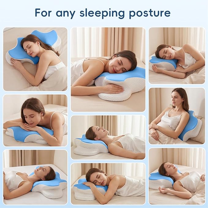Cervical Neck Pillow for Pain Relief, Ergonomic Contour Pillow for Sleeping, 2 Heights Cooling Pillow for Neck and Shoulder Support, Memory Foam Orthopedic Pillow for Side Back Stomach Sleepers Blue