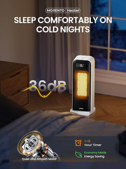 MORENTO Space Heaters for Indoor Use, Electric Portable Heater for Bedroom with Thermostat, WiFi Voice Control, 36dB Quiet 4 Modes 12H Timer, 1500W PTC Ceramic Heater for Office Home 1Pack White