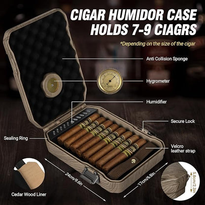 Travel Cigar Humidor Case - Cedar Lined, V Cut Cutter, Portable Humidor with Humidifier & Hygrometer, Holds 7-9 Cigars, Includes Lighter - Gift Set
