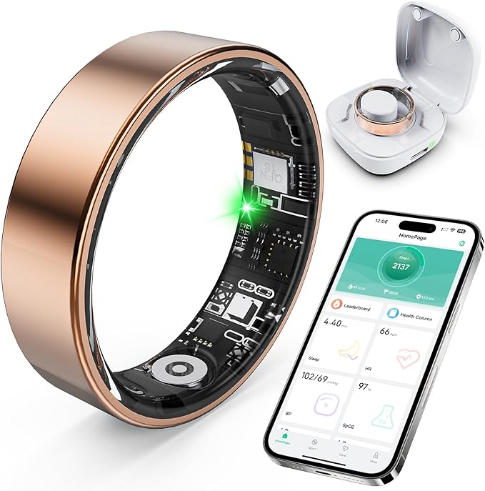 Smart Ring with Sleep Monitoring, Step Counting, Heart Rate, Blood Oxygen, Blood Pressure for iPhone and Android, No Subscription Fee, IP68 Waterproof Health Tracker (Rose Gold, 8)