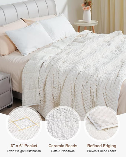 Super Soft Luxury Fleece Sherpa Weighted Blanket 15 lbs for Adults, Turtle Shell Fuzzy Cozy Warm Weighted Throw for Winter, Ceramic Beads Washable Heavy Blankets for Couch Bed, Cream White, 48"x72"