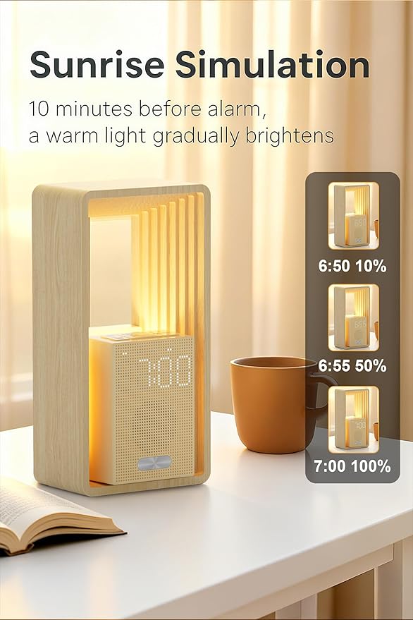 Sunrise Alarm Clock with Wake-Up Light: Dual Alarm White Noise Sound Machine with USB Charger, 9 Sleep Aids, Dimmable Display, Auto Timer, Ideal Night Light for Heavy Sleeper, Kid, Bedroom