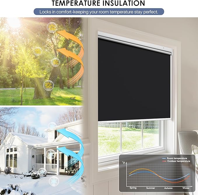 Motorized Roller Blinds with Remote Control & Solar Panel - 100% Blackout Smart Blinds, Automatic, Cordless, Electric Shades - Compatible with Alexa - Black, 46" W x 72" H