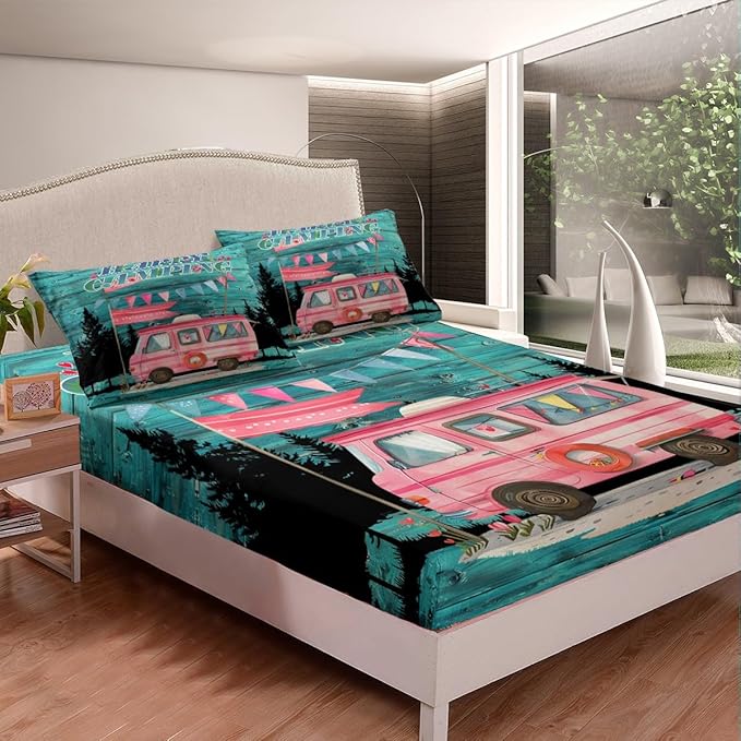 Happy Camping Kids Fitted Sheet Twin Size,Camper Truck RV Trailer Outdoor Adventure Bedding Set,Girls Women Room Decor,Woode Plank Rustic Bed Cover,Pink Teal Bed Sheet,1 Pillowcase(No Top Sheet)