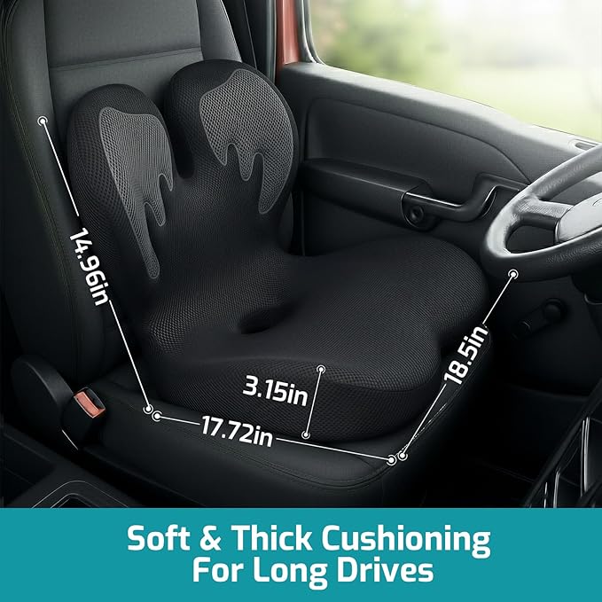 Trucker Seat Cushion, Car Seat Cushion Memory Foam Ergonomic Lumbar & Tailbone Support Pillow for Hemorrhoid, Coccyx & Sciatica Relief, for RV, SUV, Office Chair, Wheelchair (Black Embroider)