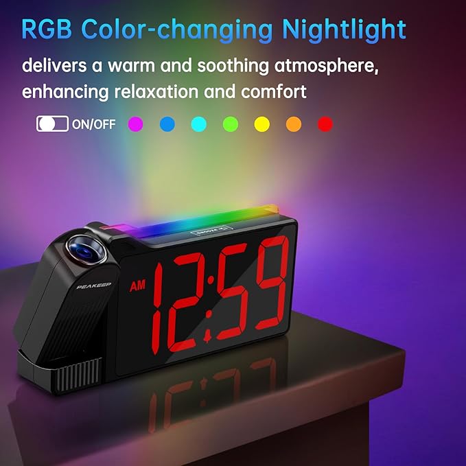 Peakeep Projection Alarm Clock for Bedroom Ceiling 180° Rotatable, Loud for Heavy Sleepers, Colorful Nightlight, 5 Brightness Dimmable Large Number Bedside Electric LED Digital Clock with USB Port