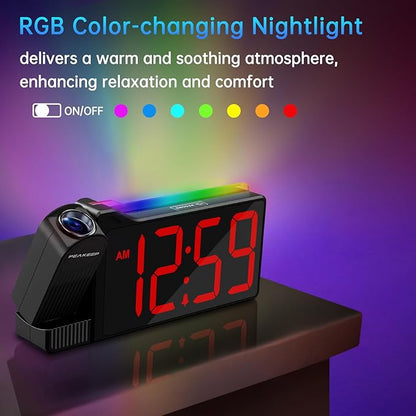 Peakeep Projection Alarm Clock for Bedroom Ceiling 180° Rotatable, Loud for Heavy Sleepers, Colorful Nightlight, 5 Brightness Dimmable Large Number Bedside Electric LED Digital Clock with USB Port