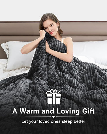 Sherpa Fleece Weighted Blanket with Ribbed Stripes for Adults, 15 lbs Dual Sided Cozy Warm Blanket for Couch Full Size Bed, Ceramic Beads Heavy Thick Blankets Great for Sleep, Dark Grey, 60" x 80"