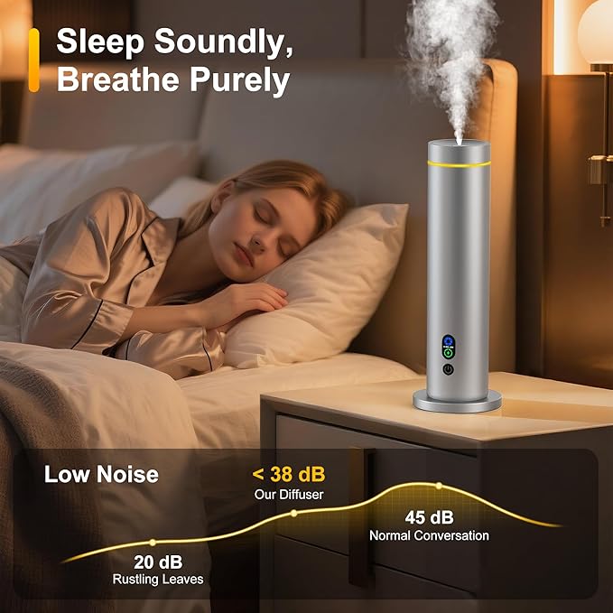 Maromalife Waterless Diffuser, 1000 Sq.Ft Coverage, Essential Oil Diffuser with Tilt-Safe, Remote Control, Adjustable Mist, Mood Lights Aromatherapy Diffuser for Home, Room, Office, Hotel, Metallic
