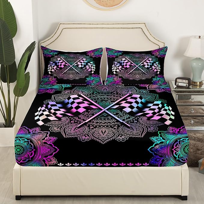 Exotic Bohemian Lotus Mandala Fitted Sheet Queen Size Black White Checkered Flag Print Bedding Sheet Set Racing Car Bed Cover Ultra Soft Breathable Bedding 3 Pcs
