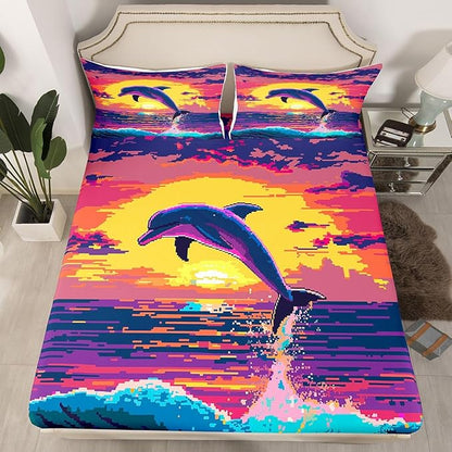 Pixelated Dolphin Kids Full Size Fitted Sheet,Video Games Pixel Blocks Room Decor,Cartoon Animal Sunset Ocean Boys Girls Bed Sheets,Purple Orange Bedding Set,2 Pillowcases(No Flat)