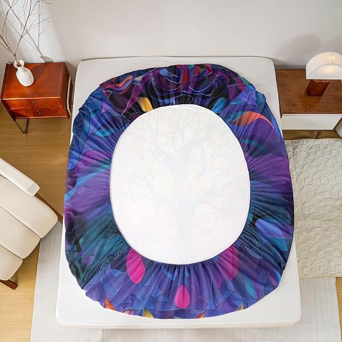 Tree of Life Boys Girls Bed Sheets,Stained Glass Leaves Abstract Room Decor,Aesthetic Nature Plant Kids Twin Size Fitted Sheet,Colorful Bedding Set,1 Pillowcase(No Flat)