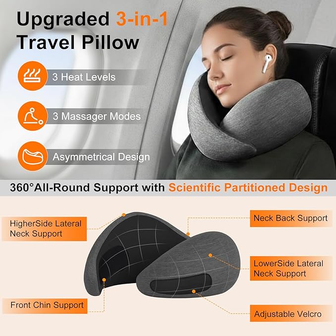 Travel Neck Pillow Airplane 3 in 1 with Heating Massage, Memory Foam Cervical Pillow, 360º Ergonomic Design, Asymmetrical Sides Portable for Airplane Car Office Sleeping Essentials, Breathable Cover