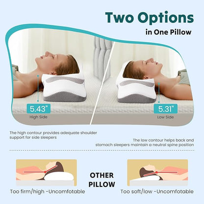 Sweetcrispy Cervical Pillow for Neck and Shoulder,Contour Memory Foam Pillow,Ergonomic Neck Support Pillow for Side Back Stomach Sleepers with Pillowcase, White & Grey
