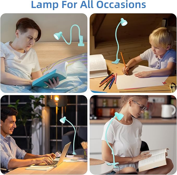 Clip on Reading Light for Bed 3 Color Modes, 10 Brightness Dimmable, Flexible Gooseneck Clip on Lamp, Eye Care Clip Light for Bed Headboard Desk Home Dorm Teal