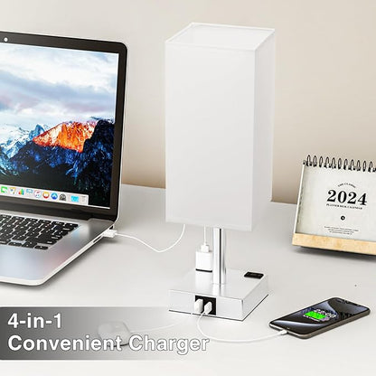 Touch Bedside Table Lamp for Nightstand - 3-Way Dimmable Night Lamp with USB A + Type C Charging Ports and Two AC Outlets, Small Desk Light with E26 LED Bulb for Bedroom Living Room Dorm Office,White